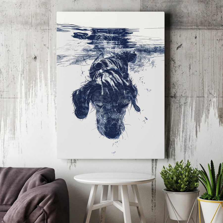 Dog Swimming Underwater Wall Art | Blue Sketch Style Illustration | Premium 1.25 Inch Canvas | Gift For Dog Lovers And Modern Home Decor