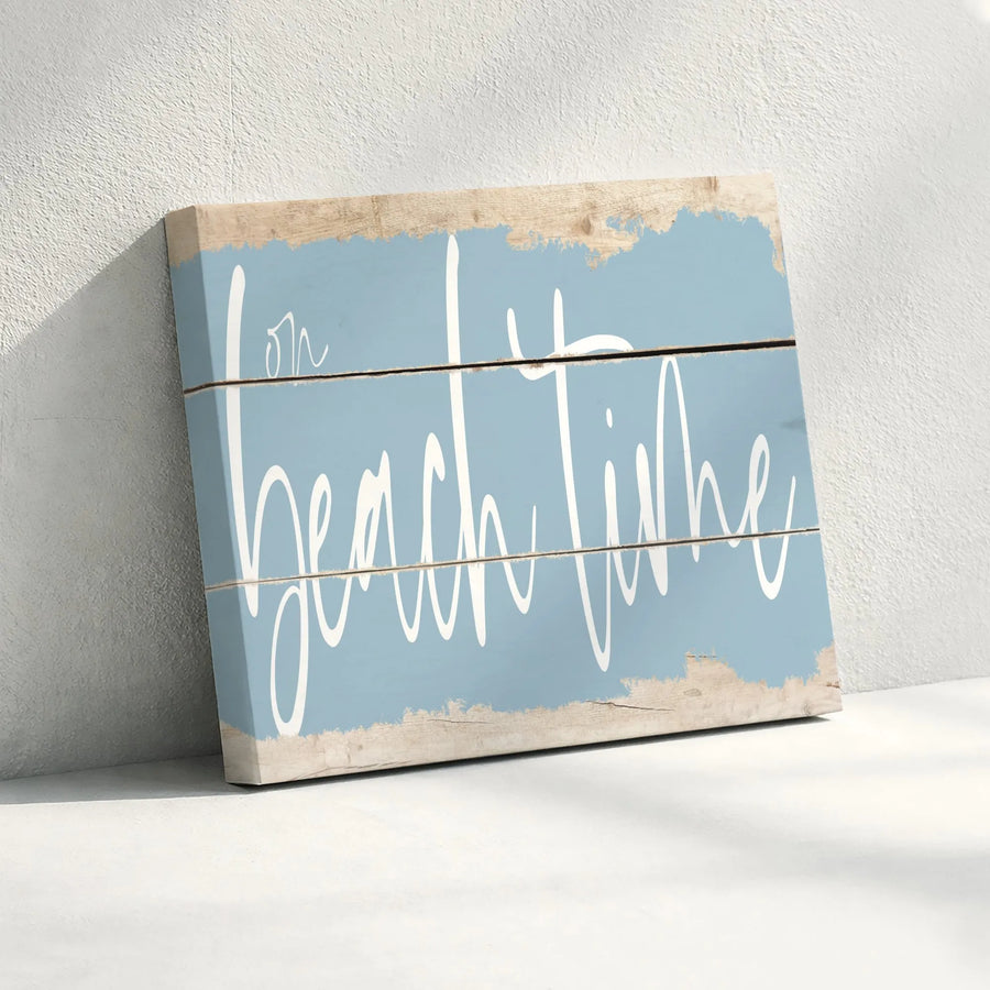 On Beach Time Canvas Wall Art | Rustic Coastal Sign Design | Premium Gallery Quality Canvas | Beach House & Coastal Home Decor Gift