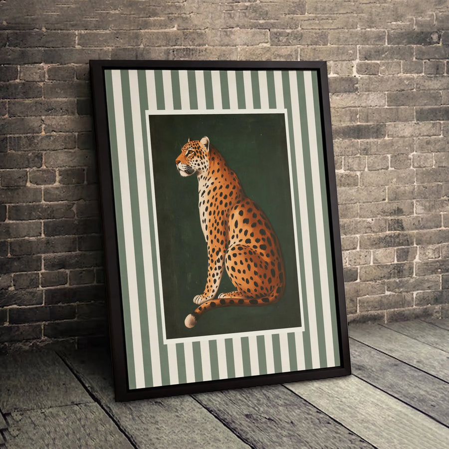 Leopard Wall Art Print | Vintage Botanical Animal Portrait with Green Stripes | Premium Gallery Wrapped Canvas | Elegant Home Decor Gift