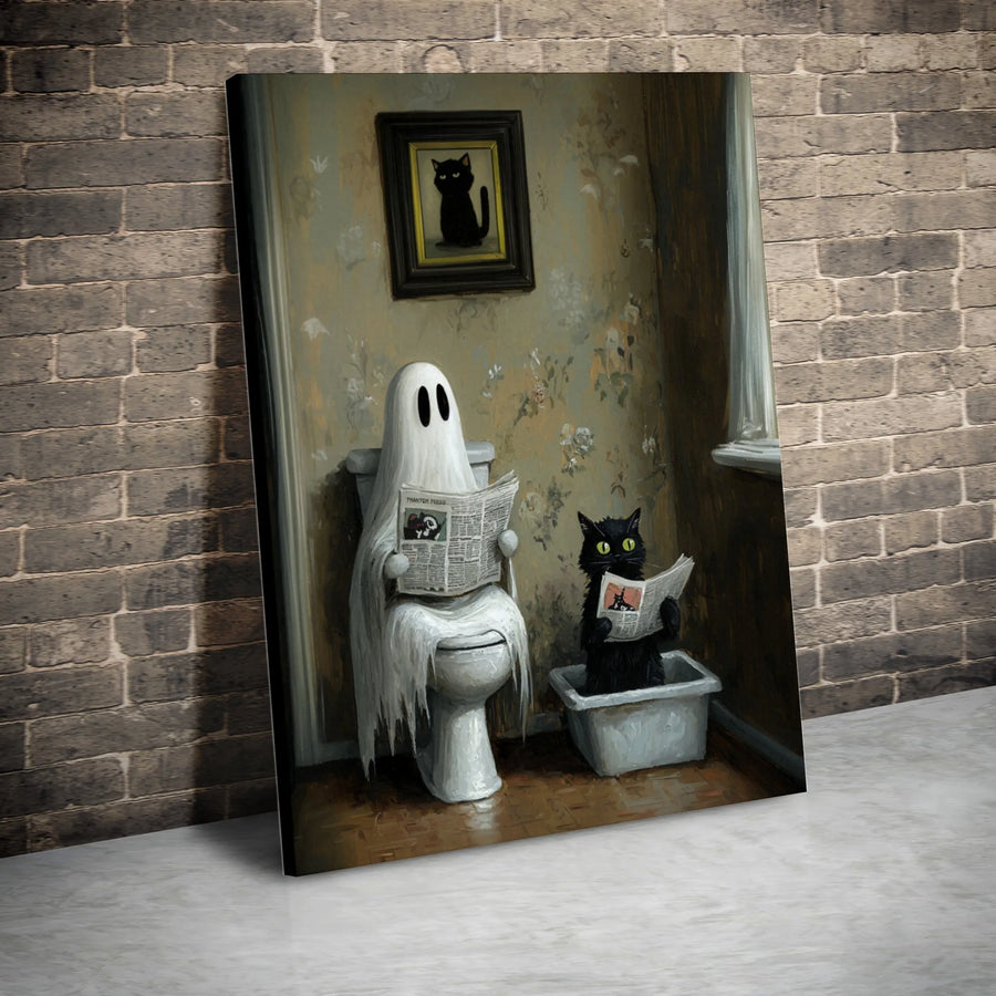 Funny Ghost and Black Cat Reading Newspaper Canvas | Whimsical Bathroom Wall Art | Premium Gallery-Wrapped Print | Unique Spooky Home Decor Gift