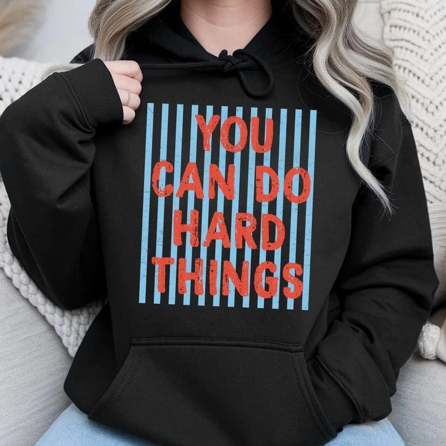 You Can Do Hard Things Hoodie | Retro Striped Inspirational Quote | Premium Soft Pullover | Motivational Gift for Women and Teens