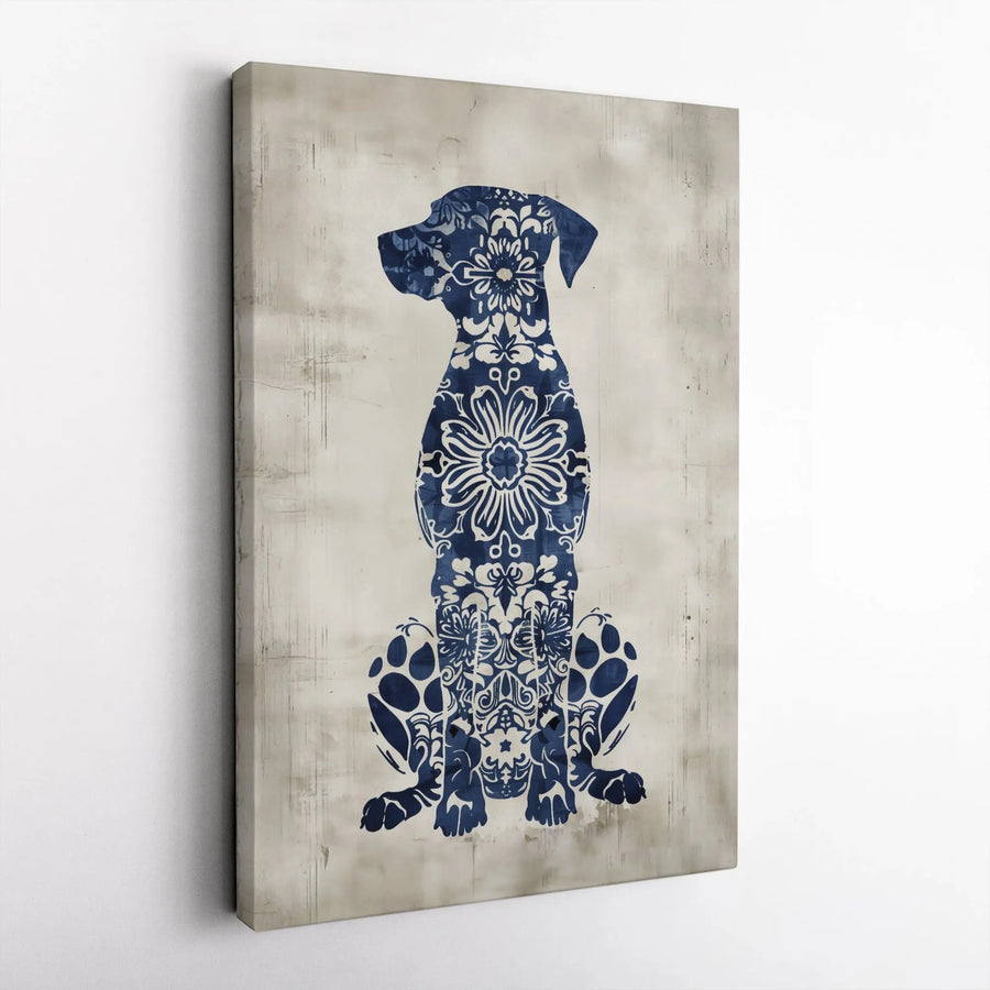 Floral Dog Silhouette Vertical Canvas | Blue Damask Pattern Pet Art | Premium 1.25" Thick Print | Gift for Dog Lovers & Pet Owners