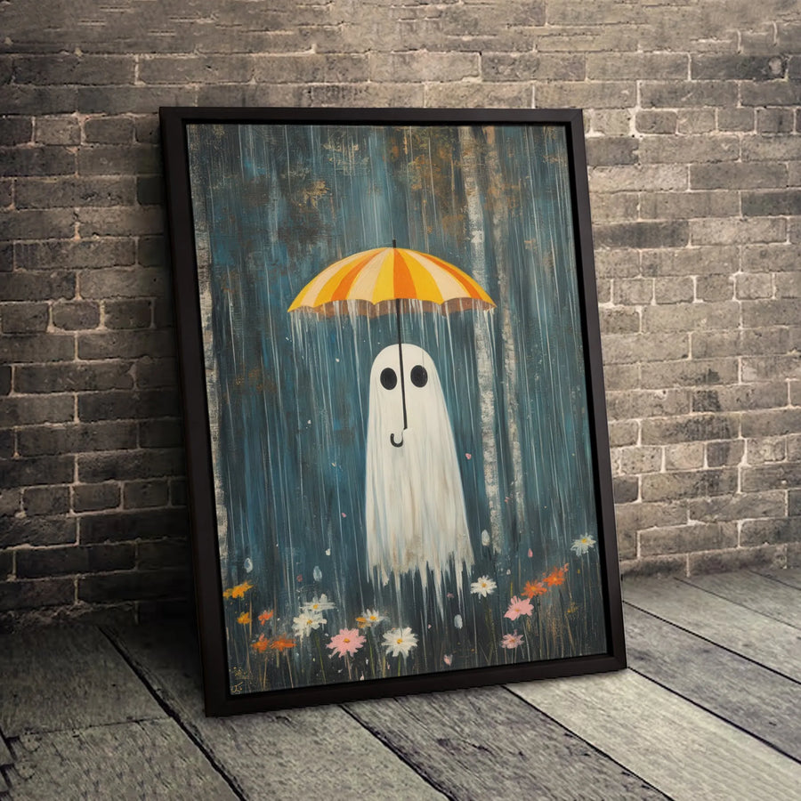 Ghost Under Yellow Umbrella Canvas Wall Art | Whimsical Rainy Day Aesthetic | Premium 1.25" Gallery Wrap | Spooky Cute Home Decor Gift