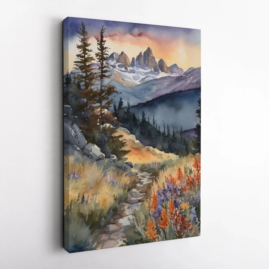 Watercolor Mountain Trail Canvas Art | Sunset Wildflowers Landscape Print | Gallery Wrapped Premium Wall Decor | Nature Lover Gift for Home Office