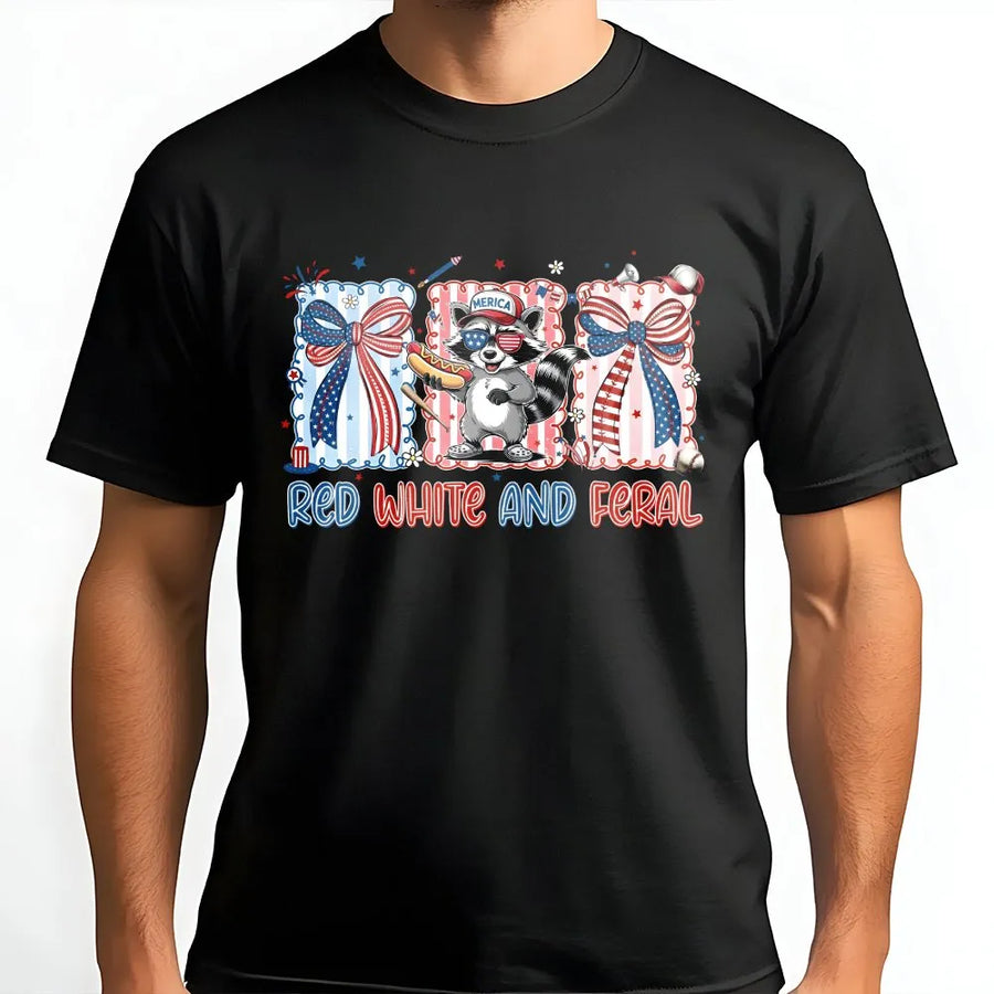 Red White and Feral Raccoon T-Shirt | Funny USA Independence Day Graphic Tee | Soft Breathable Cotton | Patriotic Animal Lover Gift