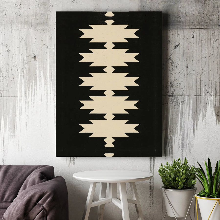 Southwestern Geometric Canvas Art | Minimalist Black And Cream Tribal Print | Premium Gallery Wrap Wall Decor | Boho Living Room Office Gift