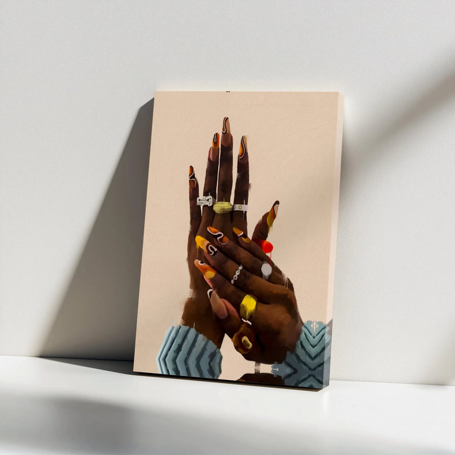 Black Woman Hand Art Canvas | Vibrant Manicure and Ring Detail Wall Decor | Premium 1.25-inch Gallery Wrap | Modern Artistic Gift for Her