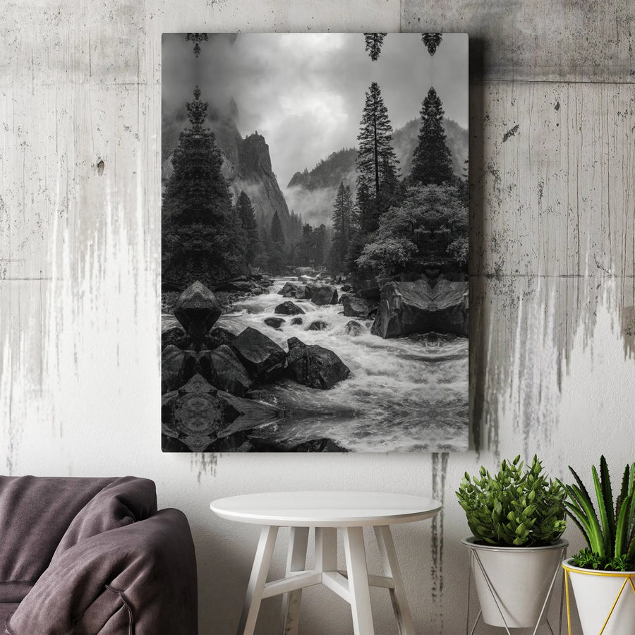 Black and White River Landscape Canvas | Moody Forest Mountain Wall Art | Premium Gallery-Wrapped Print | Modern Nature Home Decor Gift