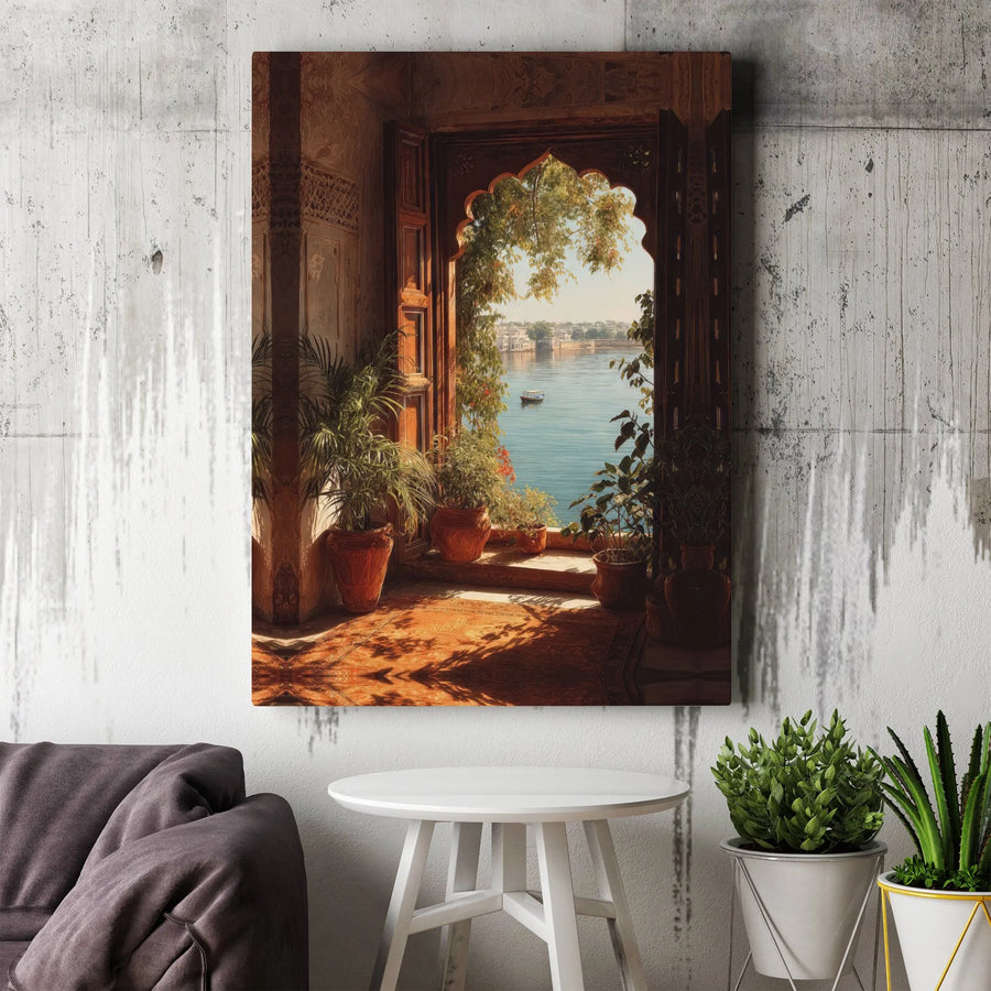 Indian Palace View Canvas Print | Ornate Archway Overlooking Water | Premium Canvas Wall Art | Gift for Traveler & Living Room Decor