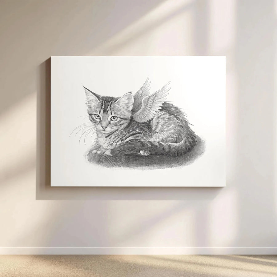 Angel Wing Kitten Canvas Wall Art | Pencil Sketch Tabby Cat Portrait | Premium Gallery Wrap Decor | Memorial Gift for Pet Lovers