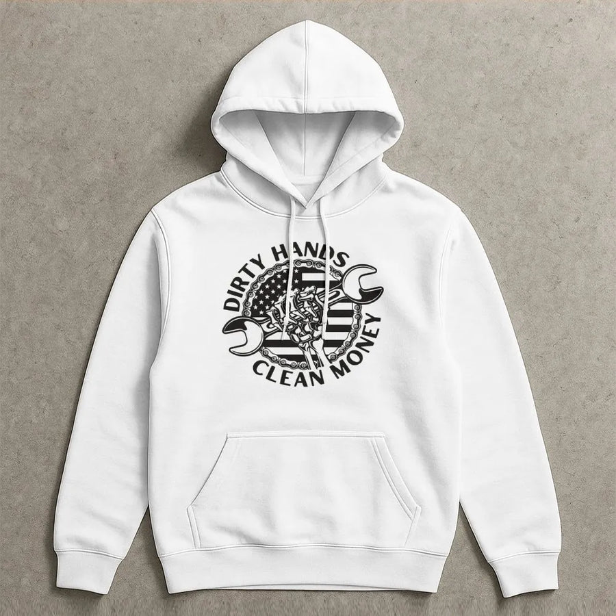 Dirty Hands Clean Money Hoodie | Patriotic Mechanic Tool Graphic | Premium Cotton Blend | Gift For Car Enthusiasts & Blue Collar Workers