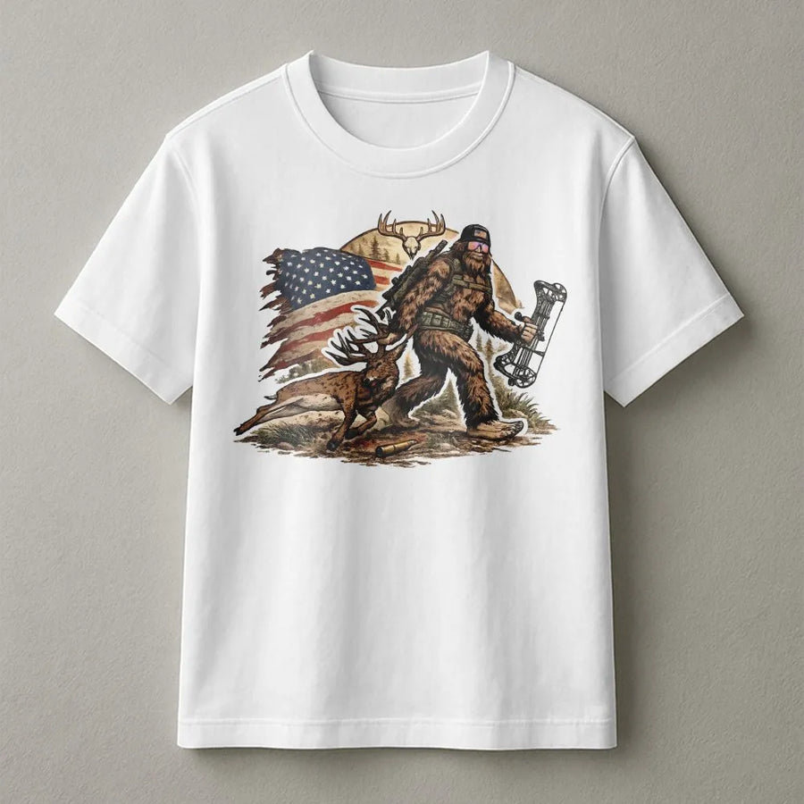 Bigfoot Hunting T-Shirt | Patriotic Sasquatch USA Flag Graphic | Premium Cotton Blend | Gift for Hunter and Outdoorsman