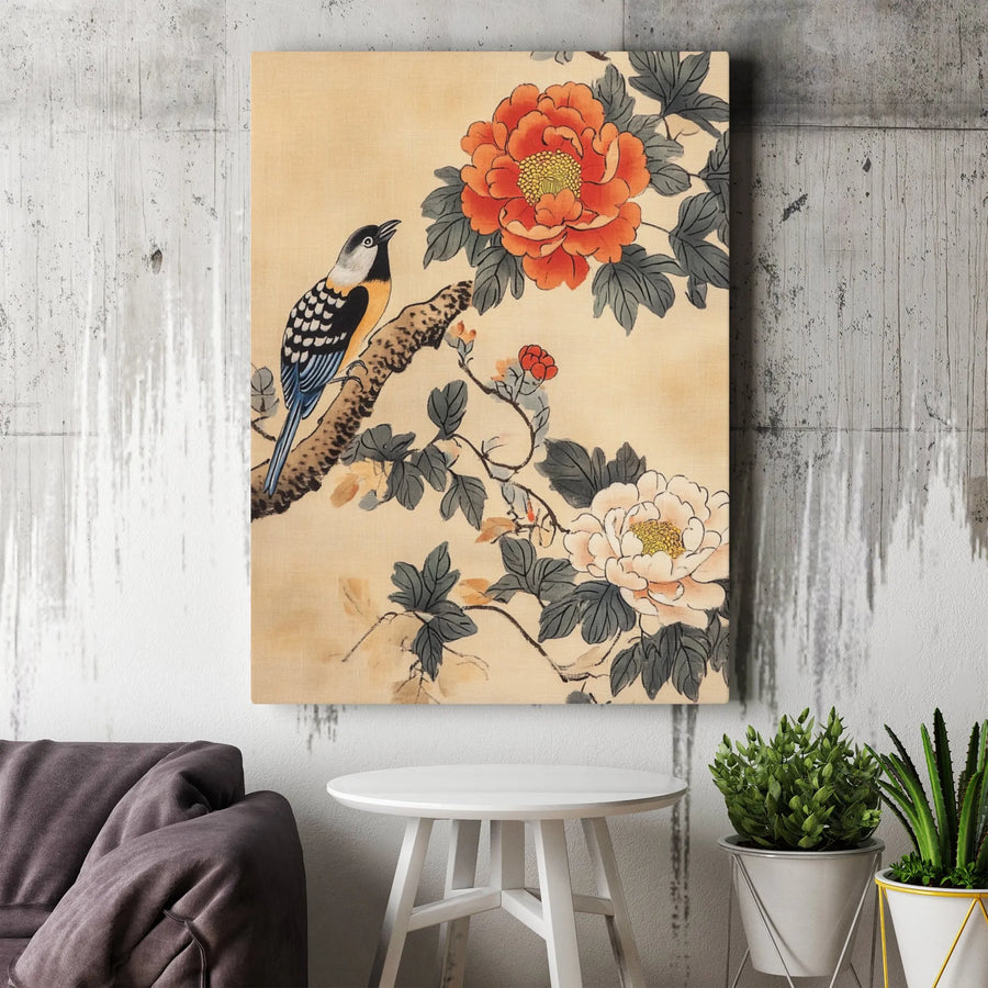 Vintage Japanese Bird and Peony Canvas Print | Traditional Asian Art Style | 1.25-Inch Gallery Wrap | Premium Wall Decor for Living Room