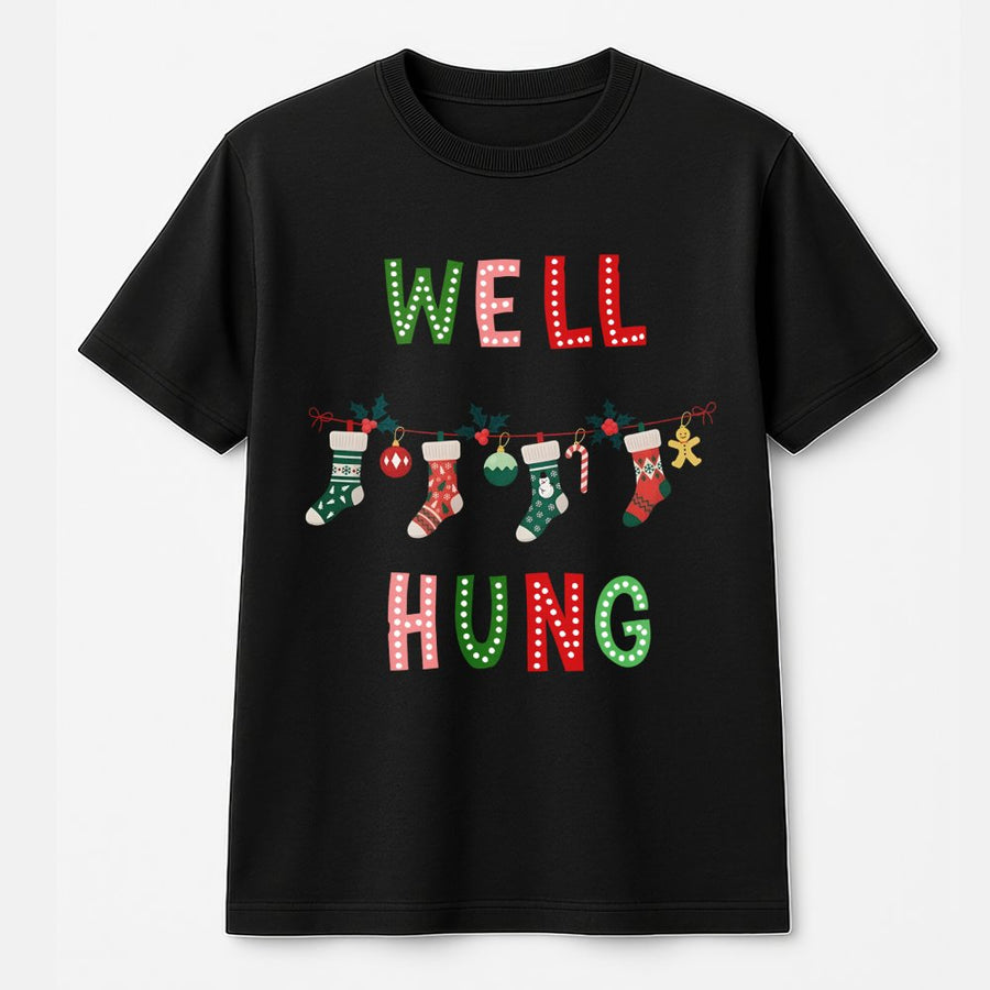 Well Hung Christmas T-Shirt | Funny Holiday Stocking Graphic | Premium 100% Cotton Tee | Naughty Gift for Couples & Dirty Santa Party