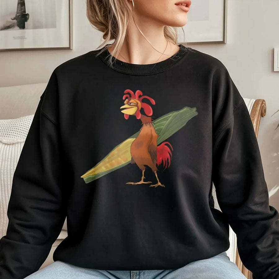 Surfing Chicken Sweatshirt | Funny Retro Cartoon Rooster Graphic | Premium Cotton Blend Crewneck | Coastal Surf Gift for Surfers