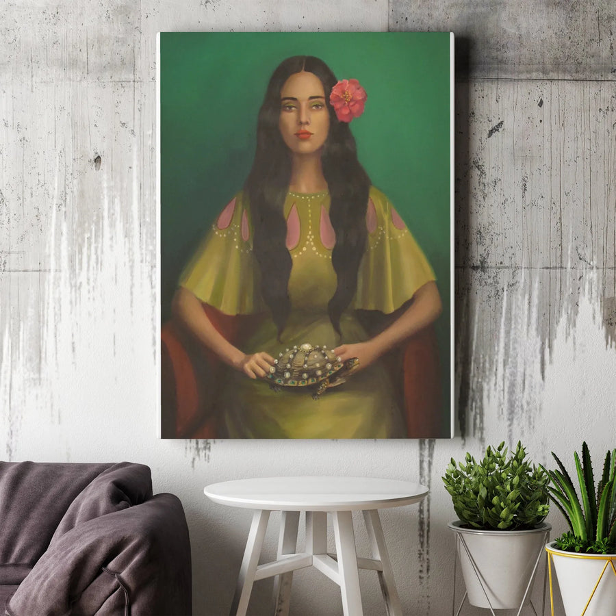 Mystic Woman with Turtle Vertical Canvas | Surrealist Fine Art Portrait | Premium Gallery Wrapped Print | Collector's Home Decor Gift