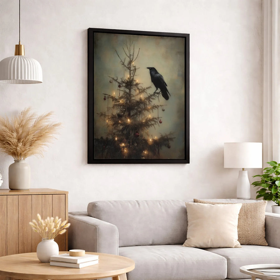 Gothic Crow Christmas Tree Canvas | Dark Academia Holiday Wall Art | Premium 1.25-Inch Framed Gallery Wrap | Unique Gift for Raven Lovers
