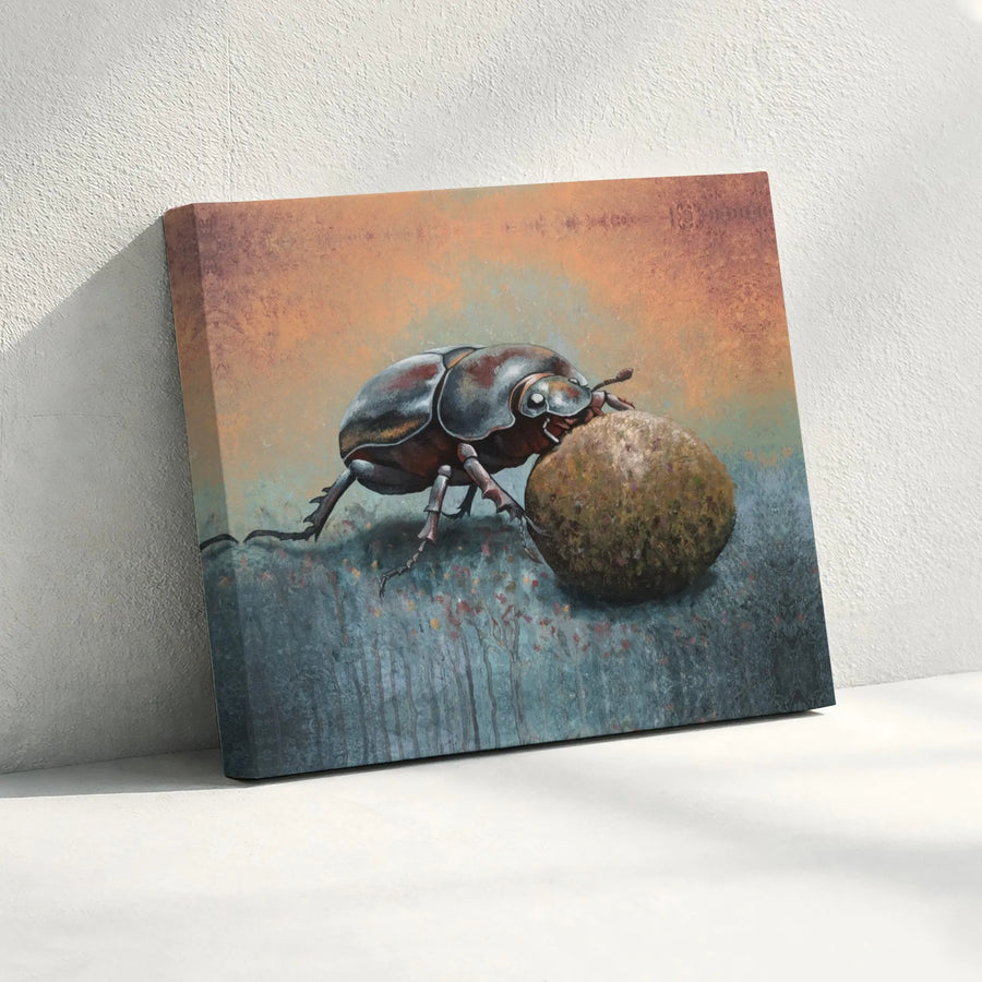 Dung Beetle Wall Art Canvas | Surreal Nature Insect Oil Painting Style | Premium 1.25" Gallery Wrap | Unique Office & Home Decor Gift