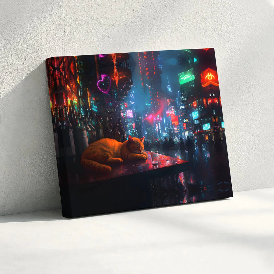 Cyberpunk Cat Canvas Wall Art | Sleeping Ginger Cat in Neon City | Premium Gallery Quality Print | Sci-Fi Gamer Room Decor Gift