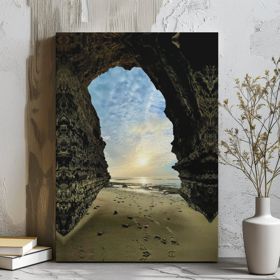 Sea Cave Ocean Sunset Canvas Wall Art | Dramatic Coastal Arch View | Premium Gallery Wrap Print | Serene Beach Decor for Home or Office