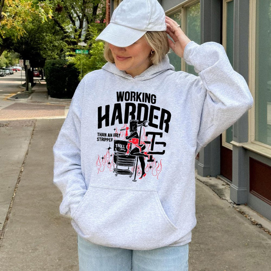 Working Harder Mechanic Hoodie | Funny Tool Graphic Sweatshirt | Premium Cotton-Blend Pullover | Gift for Blue Collar Worker