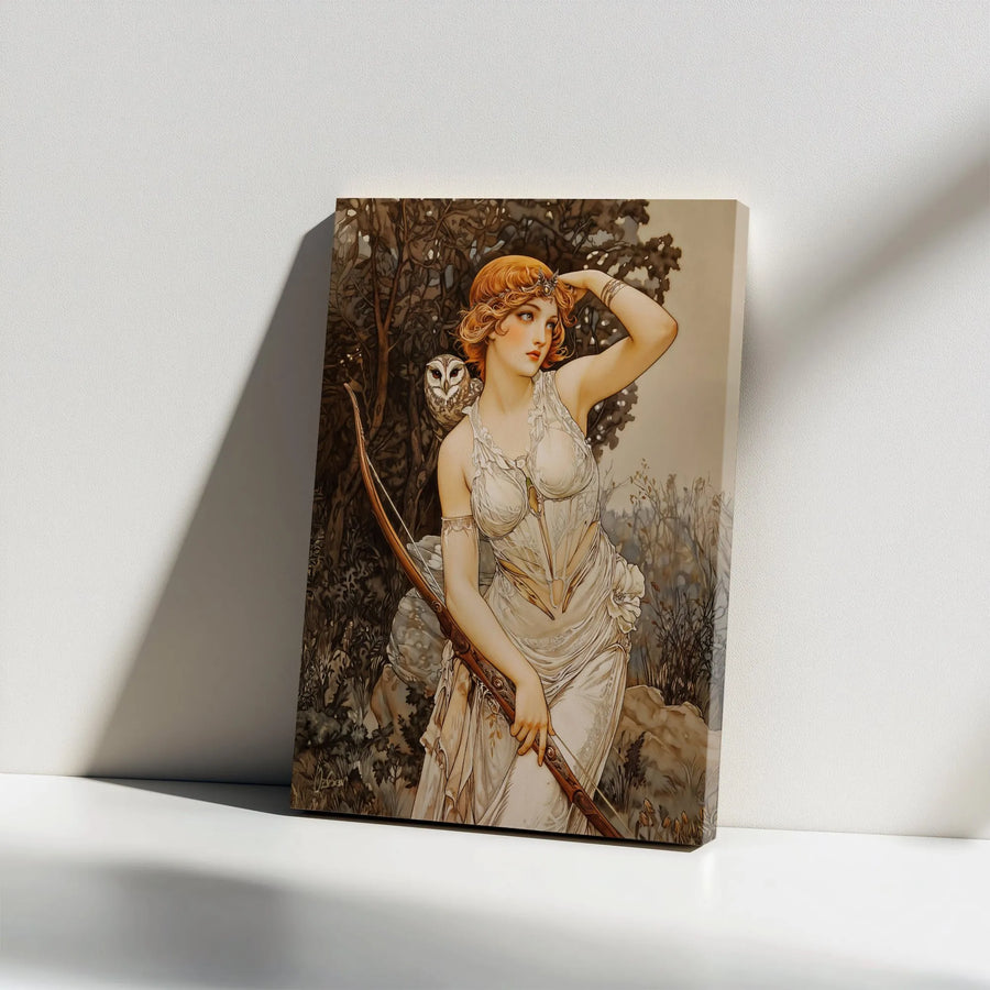 Art Nouveau Goddess Diana Canvas Print | Mythological Archer with Owl Wall Art | Premium Gallery Wrap Decor | Gift for Mythology Lovers