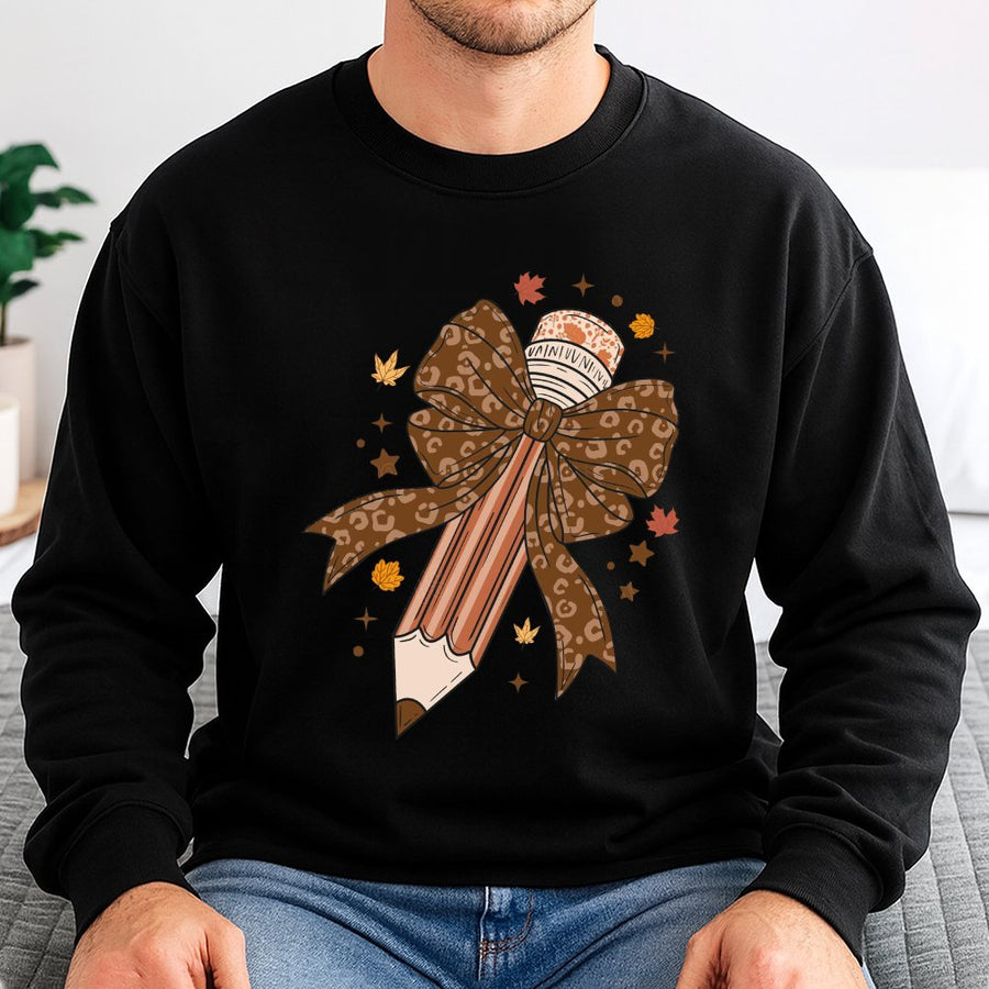 Teacher Fall Sweatshirt | Retro Coquette Bow Pencil Design | Premium Cotton-Blend Crewneck | Cute Autumn Teacher Appreciation Gift