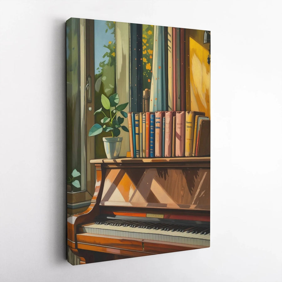 Piano and Books Wall Art | Impressionistic Sunlit Window Print | 1.25 Inch Gallery Wrap Canvas | Cozy Academic Home Decor Gift