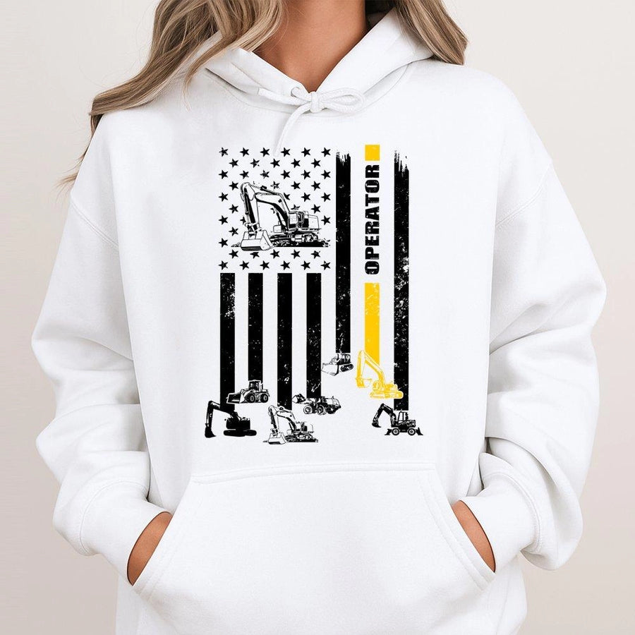 Excavator Operator Hoodie | Distressed American Flag Heavy Equipment Design | Premium Cotton-Poly Blend | Patriotic Gift for Construction Workers