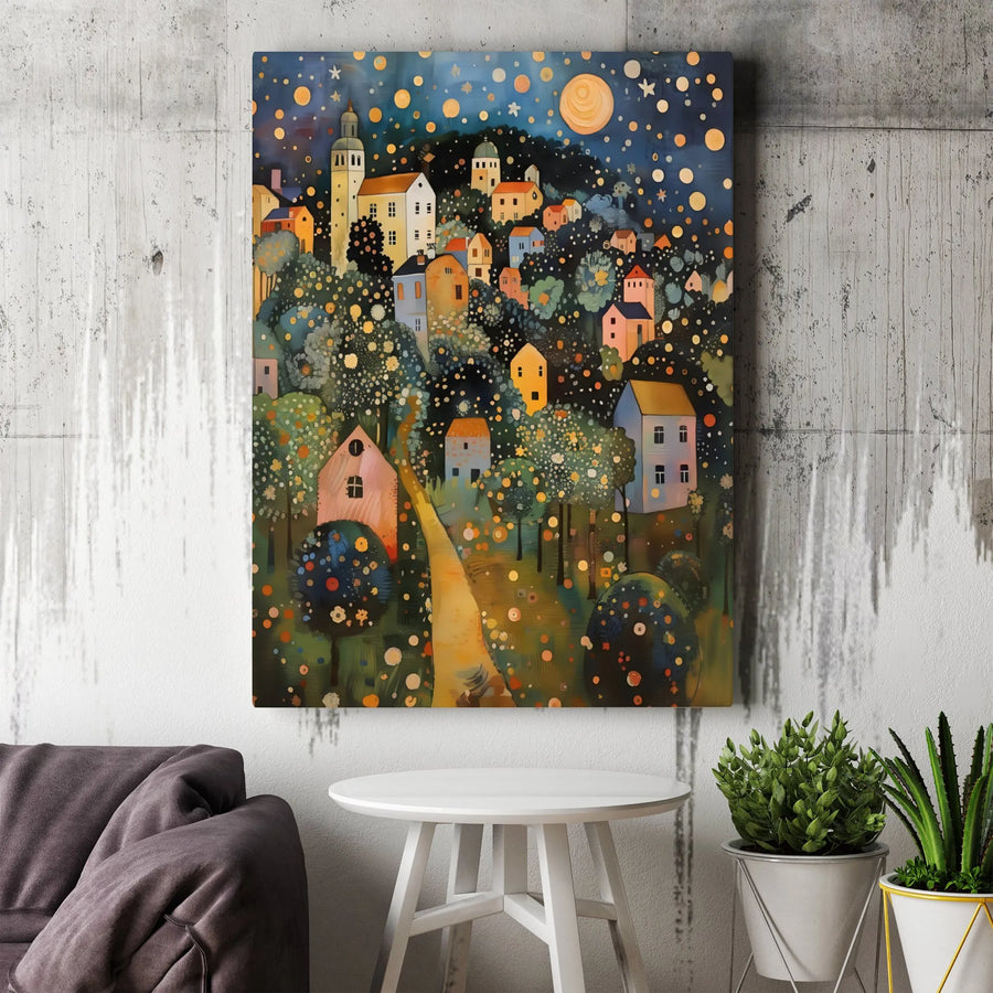 Whimsical Village Canvas Art | Starry Night Folk Art Print | 1.25-Inch Gallery Wrap | Magical Landscape Wall Decor Gift for Home