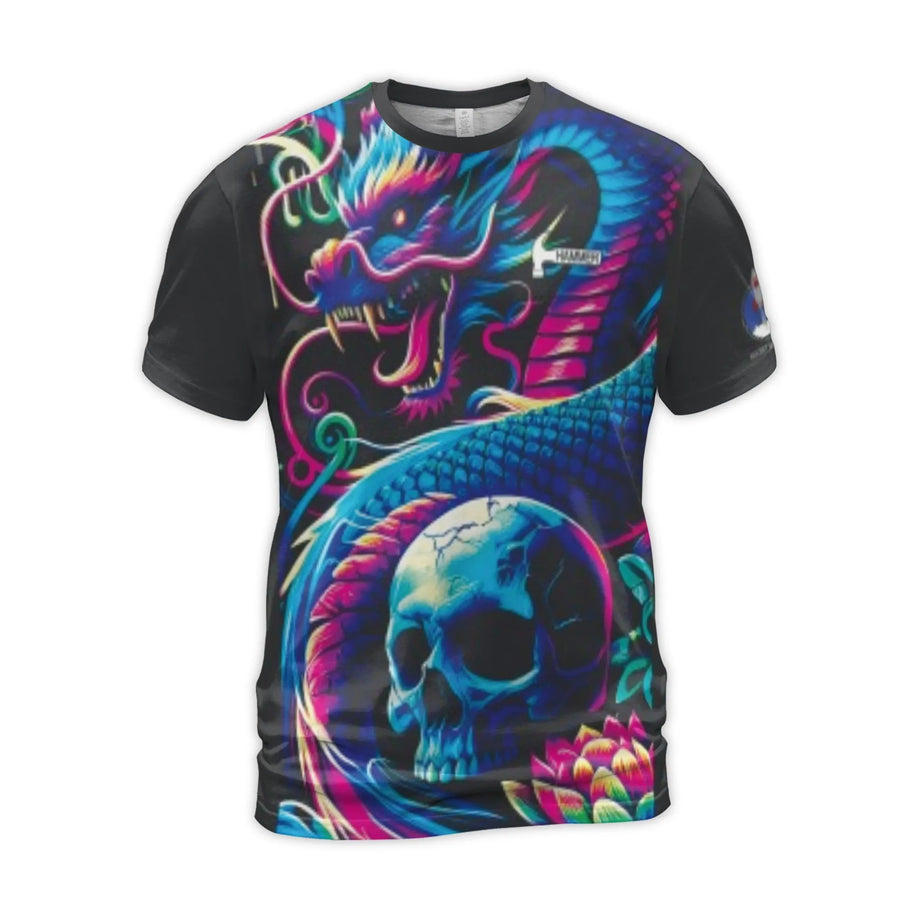 Psychedelic Neon Dragon T-Shirt | Skull and Lotus 3D Graphic Print | Premium Polyester Spandex | Unique Gift for Men and Women