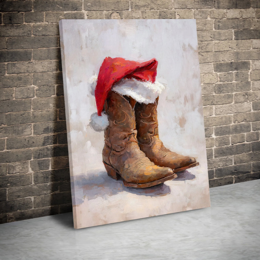 Western Cowboy Boots With Santa Hat Canvas Art | Rustic Christmas Holiday Decor | Gallery Quality Premium Print | Festive Farmhouse Wall Art Gift