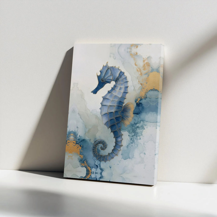 Seahorse Canvas Wall Art | Abstract Watercolor with Gold Detail | Premium Fade-Resistant Print | Coastal Home Decor Gift