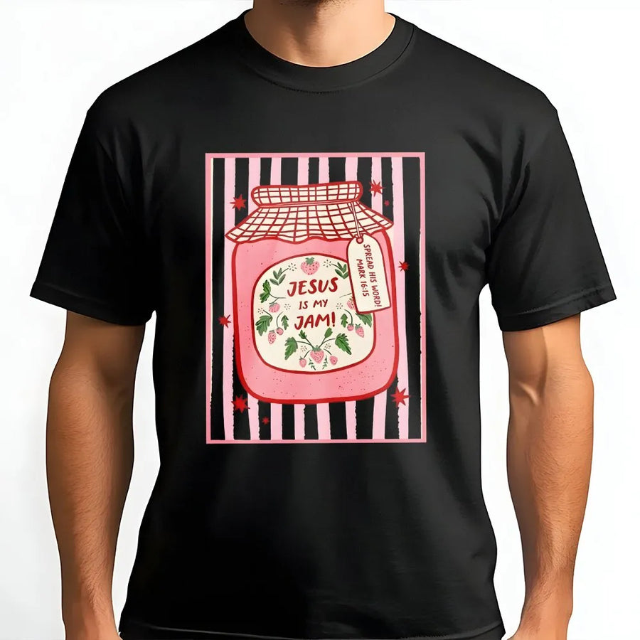 Jesus Is My Jam T-Shirt | Cute Strawberry Jam Jar Graphic | Soft Cotton Blend Pullover | Faith Based Gift for Christian Women