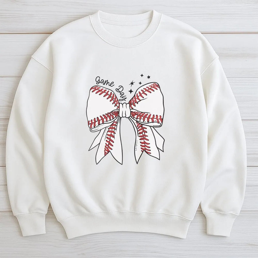 Baseball Bow Sweatshirt | Cute Game Day Graphic Pullover | Soft Cotton-Poly Blend | Premium Gift for Baseball Mom and Sports Fan