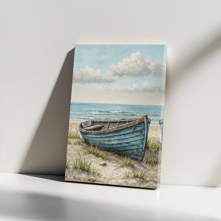 Coastal Blue Boat Wall Art | Vintage Beach Seascape Painting | Premium Gallery Wrapped Canvas | Serene Nautical Decor for Living Room