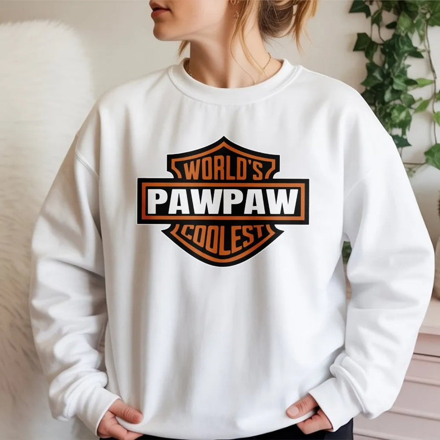 World's Coolest Pawpaw Sweatshirt | Vintage Motorcycle Emblem Graphic | Premium Cotton Blend Crewneck | Funny Birthday Gift for Grandpa