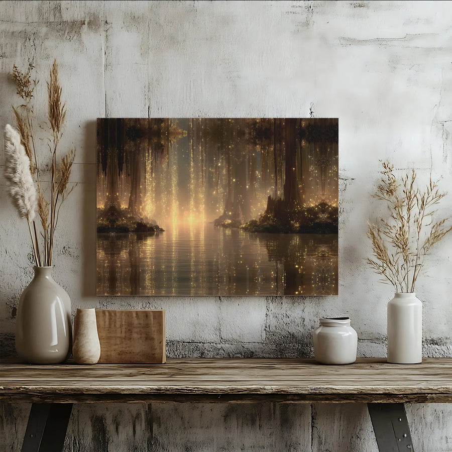 Enchanted Forest Canvas Wall Art | Magical Glowing Fireflies Reflection | Premium Gallery Wrapped Print | Nature Home Decor Gift