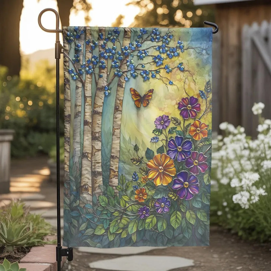 Botanical Art Garden Flag | Birch Tree, Butterfly & Wildflower Design | Double Sided Premium Polyester | Outdoor Yard Decor & Housewarming Gift