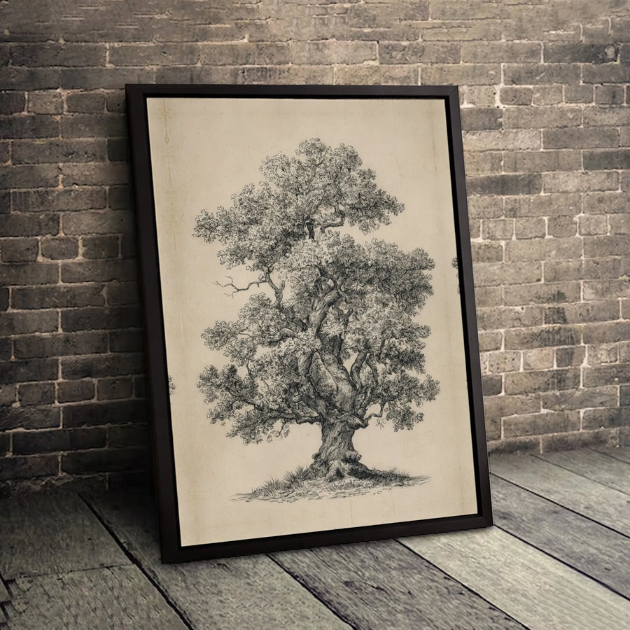 Vintage Oak Tree Canvas Print | Botanical Illustration Wall Art | Premium 1.25-Inch Gallery Wrap | Rustic Home Decor Gift for Nature Lovers