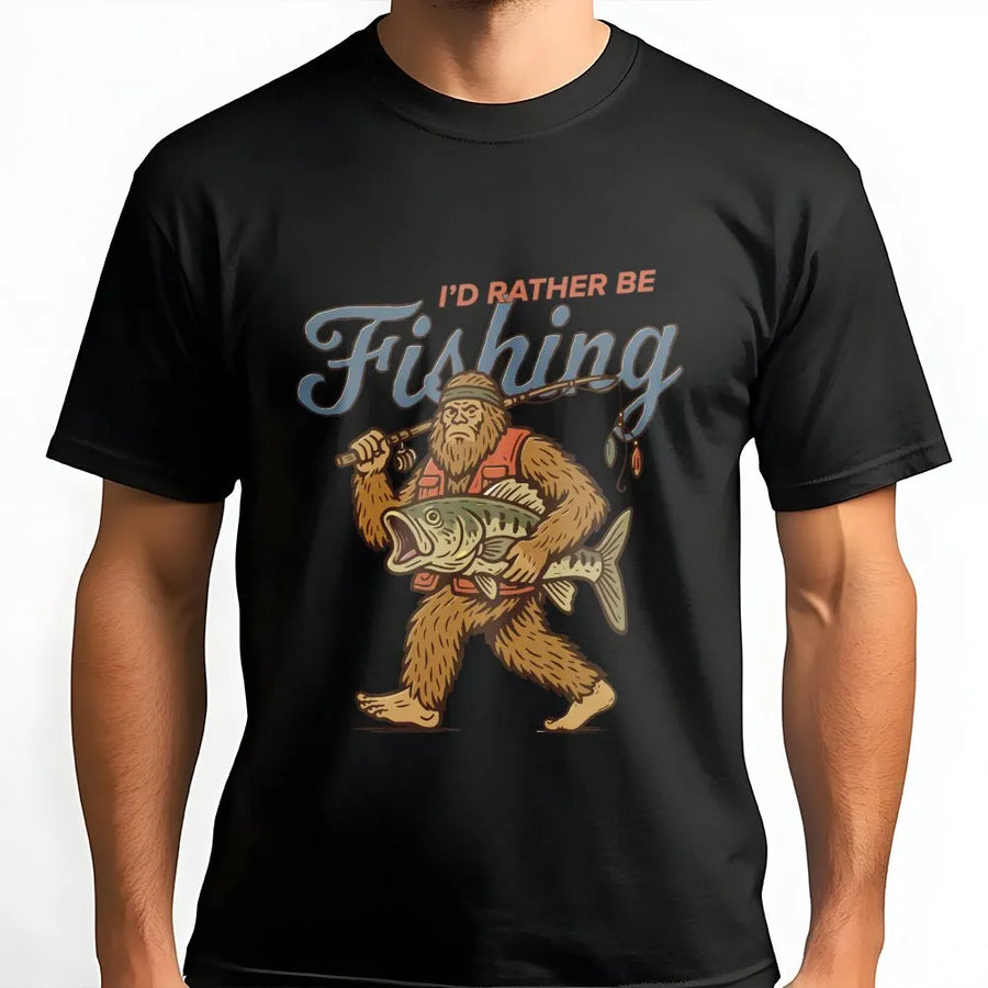 Sasquatch Fishing T-Shirt | Retro I'd Rather Be Fishing Graphic | Premium Cotton Blend | Funny Gift for Fisherman and Cryptid Lovers