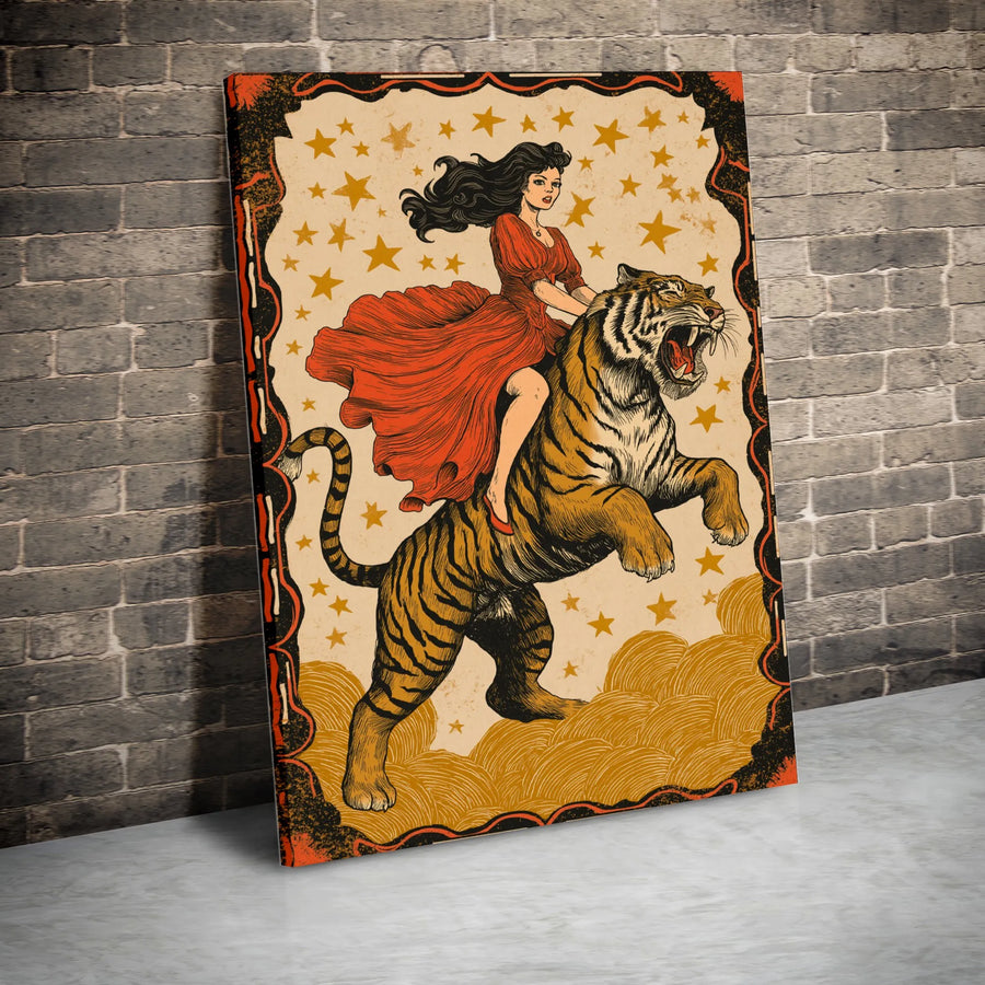 Vintage Tiger Rider Canvas Wall Art | Retro Circus Poster Illustration | Premium Gallery Wrapped Canvas | Eclectic Home Decor Gift