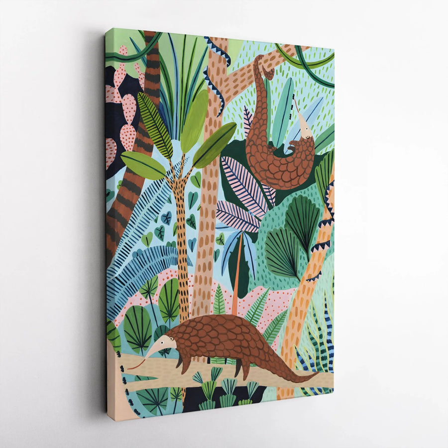 Pangolin and Sloth Canvas Wall Art | Vibrant Rainforest Jungle Scene | Premium Frameless Gallery Wrap | Kids Room & Nursery Decor Gift