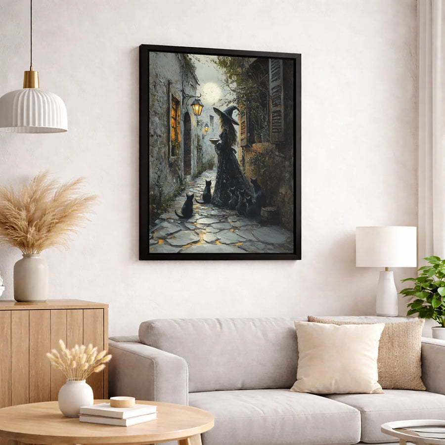 Witch Wall Art Canvas | Magical Cobblestone Alley With Black Cats | Premium Fade-Resistant Print | Gothic Halloween Home Decor Gift