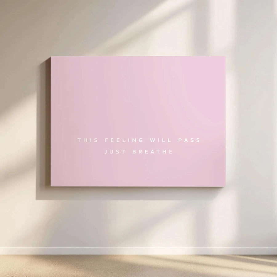 Mental Health Quote Horizontal Canvas | This Feeling Will Pass Just Breathe Pink Wall Art | Premium 1.25" Gallery Wrap Print | Calming Mindfulness Gift for Bedroom Therapy Office