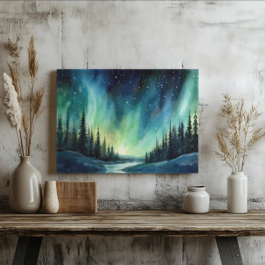 Northern Lights Canvas Wall Art | Aurora Borealis Pine Forest Landscape | Premium Gallery Wrap 1.25" Depth | Ready to Hang Nature Home Decor