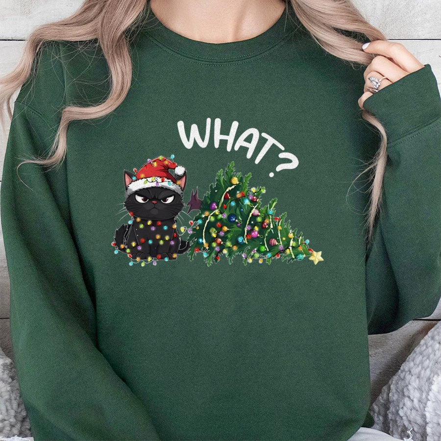 Grumpy Black Cat Christmas Sweatshirt | Funny What Cat Tree Design | Soft Cotton Blend Crewneck | Holiday Gift for Cat Lovers & Mom