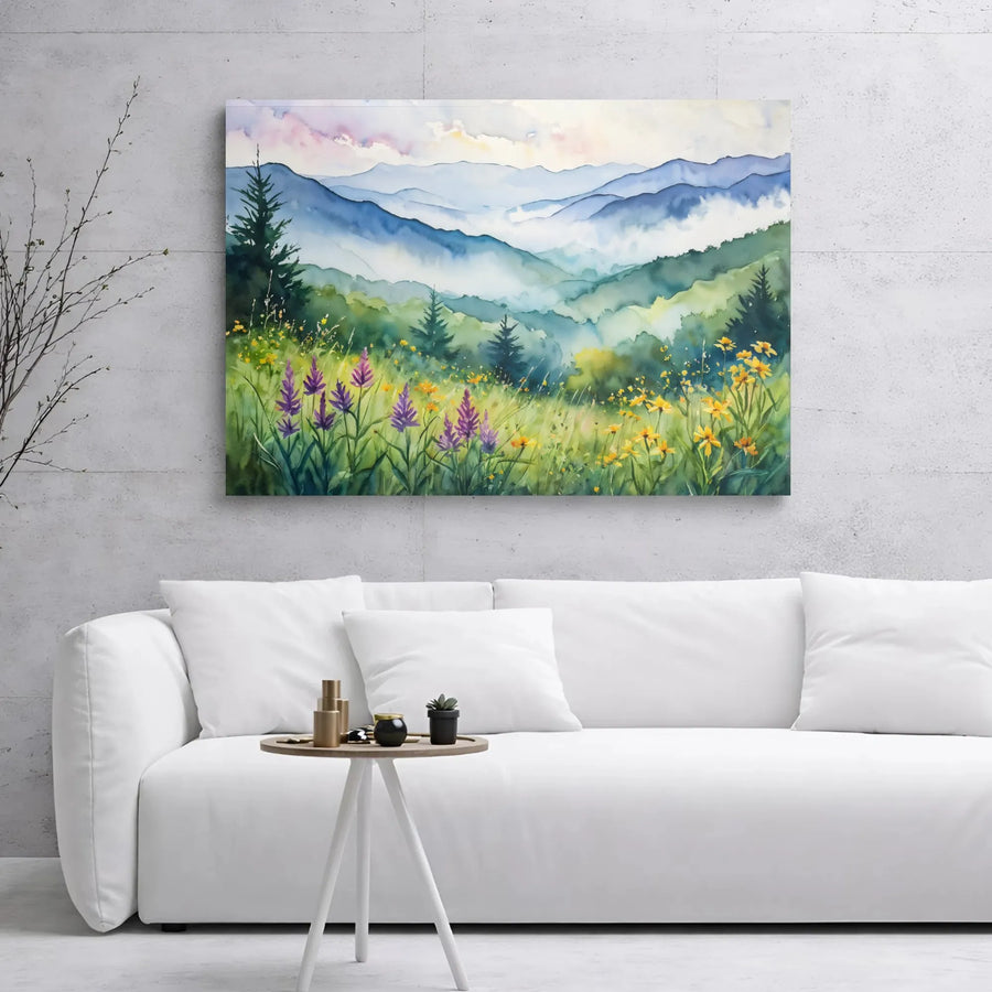 Watercolor Mountain Landscape Canvas | Wildflower Meadow Wall Art | Premium Gallery Wrap Print | Nature-Inspired Home Decor Gift