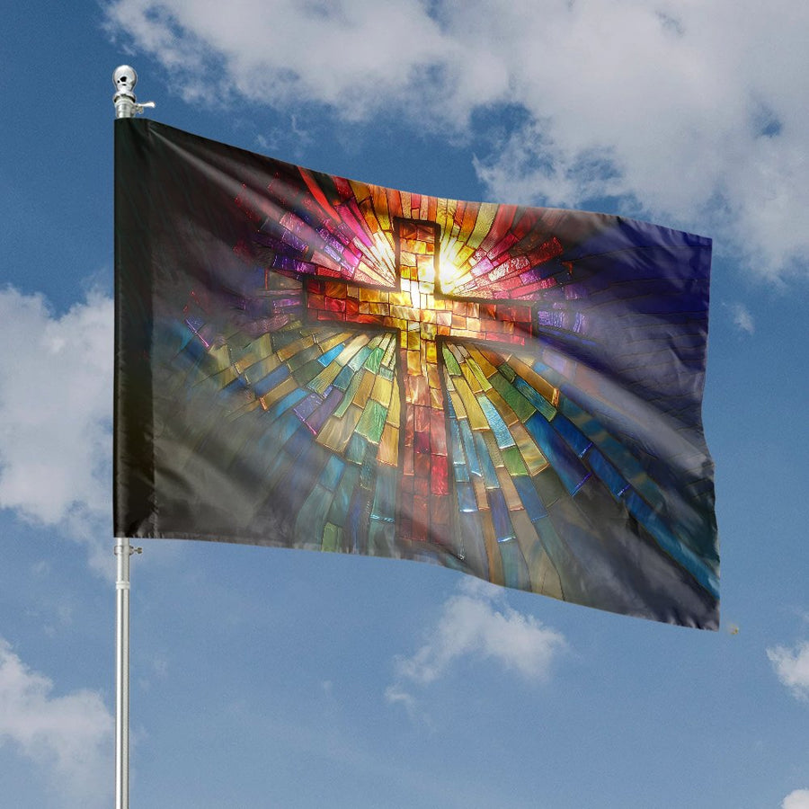 Stained Glass Cross House Flag | Radiant Religious Mosaic Design | Premium UV-Resistant Polyester | Faithful Garden Decor & Christian Gift