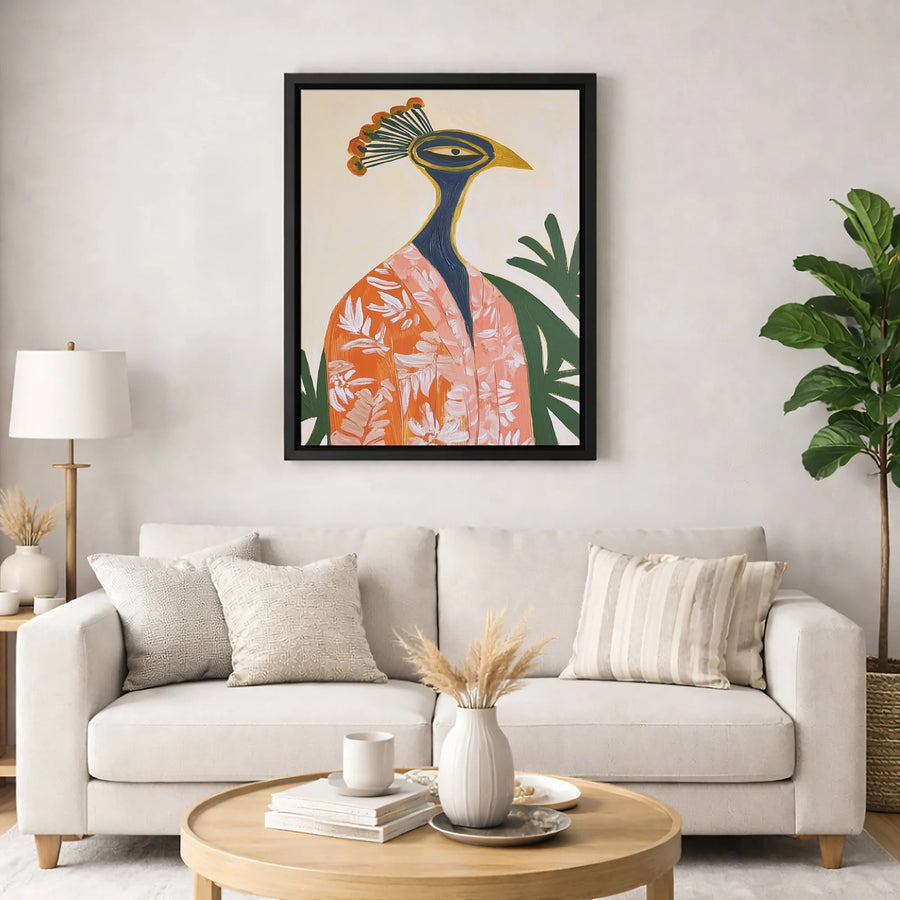 Abstract Peacock Canvas Wall Art | Whimsical Bird in Floral Jacket | Premium Gallery Wrap Print | Unique Maximalist Home Decor Gift